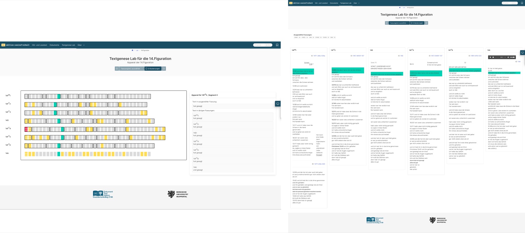 Beispielhafte Ansicht des textgenetisches Labors. Links: visuell-abstrakte Ansicht, rechts: textuell-konkrete Ansicht